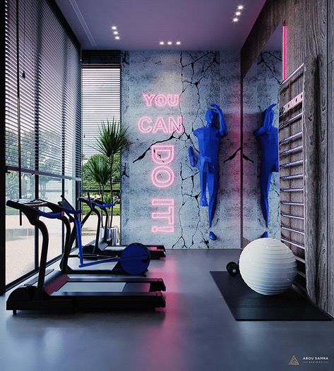 Home GYM&PLAYING Zone on Behance Personal Training Studio Design, Gym Decor Ideas, Gym Decorating Ideas, Gym At Home Ideas, Mini Gym At Home, Fitness Interior, Frases Gym, Mini Gym At Home Ideas, Fit Bar