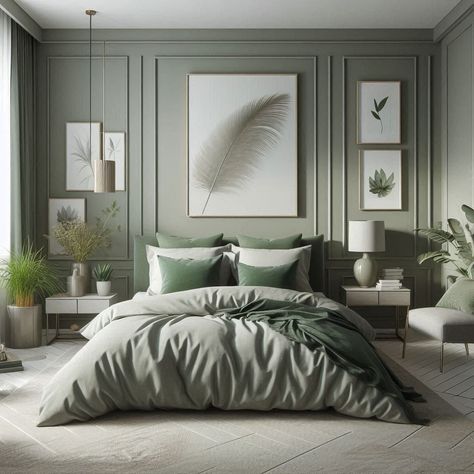 Modern Sage Green Bedroom Sage Green And Gray Bedroom Accent Wall, Sage Color Bedroom Ideas, Sage Green And Beige Bedroom Aesthetic, Light Grey And Green Bedroom, Gray And Sage Bedroom, Sage Green And Gray Bedroom, Bedroom Ideas Sage, Bedroom Ideas Sage Green, Bedroom Sage Green