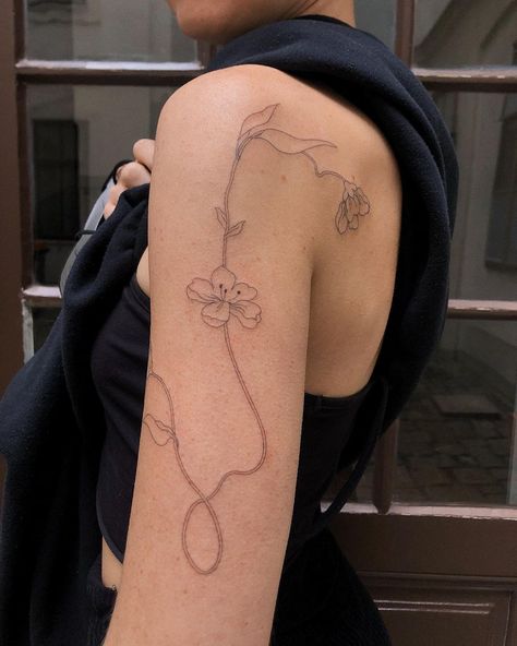 Fairy Tattoo Delicate, Large Fine Line Tattoo Ideas, Abstract Vine Tattoo, Flowy Botanical Tattoo, Orchid Fine Line Tattoo, Botanical Flow Tattoo, Abstract Floral Tattoo, Cottagecore Tattoos, Arm Flower Tattoo