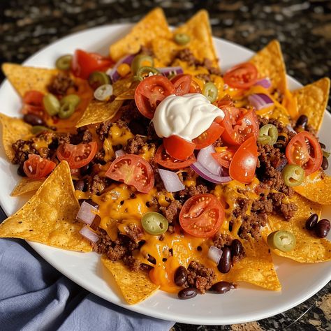 Nachos With Ground Beef, Nacho Toppings, Doritos Nachos, Nacho Cheese, Sliced Tomato, Monterey Jack Cheese, Recipe Steps, How To Make Cheese, Favorite Snack