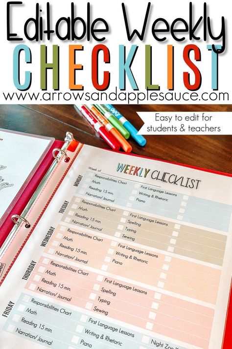 Enjoy that satisfying feeling of checking a job off a list with this colorful and organized editable Weekly Checklist. Perfect for keeping students (or teachers) on task and motivated. We keep ours in our homeschool binders along with our schoolwork for the week. #fourthgrade #homeschool #Weeklychecklist #dailyresponsibilities #fourthgradeprintables Weekly Checklist Printable, Weekly Task List, Homeschool Checklist, Homeschool Daily Schedule, Homeschool Binder, Weekly Checklist, Daily Schedule Template, Mom Encouragement, Checklist Printable