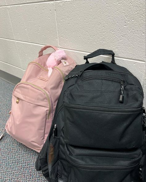 Two backpacks one pink one black. Backpack Pink Aesthetic, Pink And Black Friends Aesthetic, Black And Pink Couple Aesthetic, Pink Black Couple, Wenclair Aesthetic, Light Pink And Black Aesthetic, Pink And Black Duo, Pink Backpack Aesthetic, Black And Pink Aesthetic