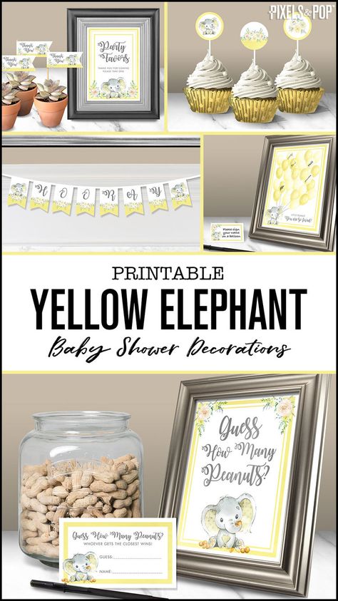 Neutral Elephant Baby Shower Ideas, Little Peanut Baby Shower Ideas, Peanut Baby Shower Ideas, Elephant Themed Baby Shower Ideas, Elephant Baby Decor, Gender Neutral Baby Shower Themes, Sprinkle Ideas, Yellow Elephant, Peanut Baby Shower