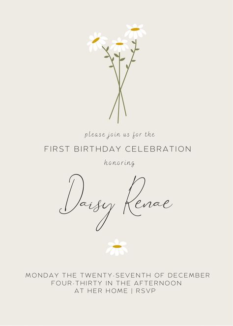 Daisy birthday invite invitation minimal beautiful simple flowers inspiration Margarita Flower, Daisy Invitations, Daisy Birthday, Art Deco Interior Design, Party Inspo, Flower Invitation, Third Birthday, Invitation Card Design, Wedding Invitations Diy