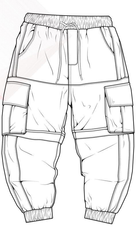 Joggers Drawing, Cargo Pants Sketch, Jogger Pattern, Fashion Sketches Men, Men Cargo Pants, Pants Drawing, Fashion Design Template, Clothing Sketches, Dress Design Drawing