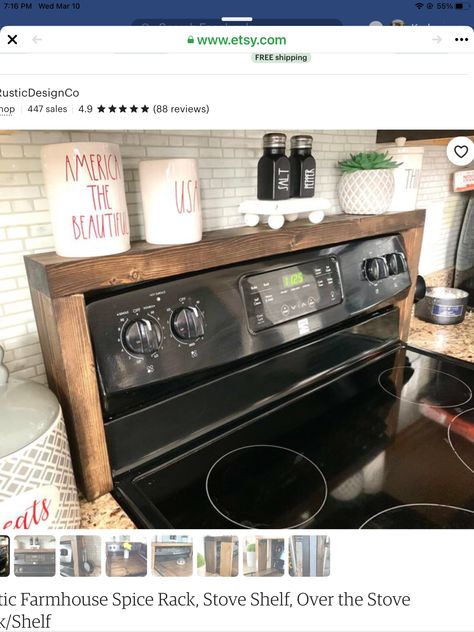 Stove Shelf, Tiny House Storage Ideas, Kitchen Countertop Decor, Tiny House Storage, Countertop Decor, Stove Top Cover, Coffee Bar Home, Diy Furniture Projects, Spice Rack