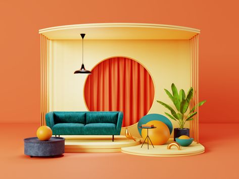 Theme Interior Design, Lilac Interior, Furniture Graphic, Orange Theme, Tv Set Design, Stage Set Design, Tv Sets, Exhibition Booth Design, Interior Living Room