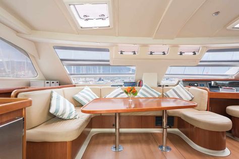 Boat Decorating Ideas Interiors, Catamaran Interior, Yacht Decor Boat Interior, Yacht Interior Decor, Sailing Yacht Interior, Boat Cushions, Cabin Cruiser Boat, Boat Table, Boat Interior Design