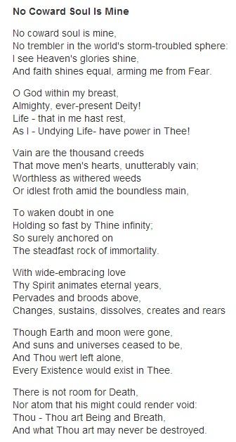 No Coward Soul Is Mine - Emily Brontë No Coward Soul Is Mine, Pagan Poetry, Favorite Poems, Emily Brontë, Bronte Sisters, Emily Bronte, Charlotte Bronte, Wuthering Heights, Poetry Words