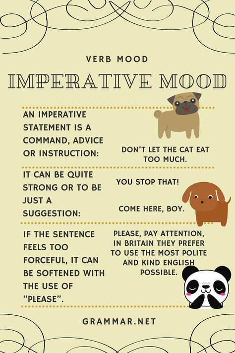 #Imperative mood  In English, each sentence has a mood, that is expressed through the verb. Verb moods are indicative, interrogative, subjunctive/conditional and imperative. Imperative Verbs, Ilets Preparation, Imperative Mood, 8th Grade English, Imperative Sentences, Cat Eat, 1st Grade Writing, Types Of Sentences, Teaching English Grammar