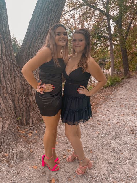 White Hoco Dress With Pink Heels, Black Hoco Dress With Pink Heels, Black Dress Outfit Hoco, Black Homecoming Dress With Pink Heels, Black Dress Hot Pink Heels, Black Dress Pink Heels Hoco, Black Dress Pink Accessories, Black Dress Colored Heels, Black Hoco Dress With Colored Heels