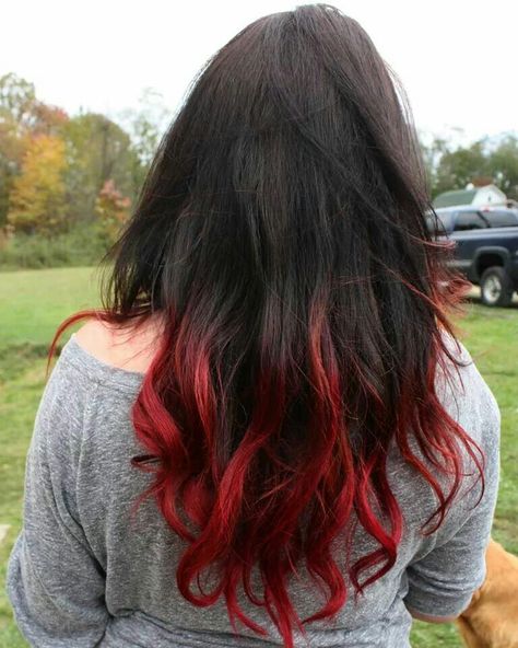 Ombre Red And Brown Hair, Red Tips On Dark Hair, Layered Hair With Red Tips, Dark Hair With Red Ends, Red Dyed Tips On Brown Hair, Red Hair Ends Dip Dye, Red Hair Bottom Half, Red Dyed Ends Of Hair, Black Hair With Red Tips Dip Dyed