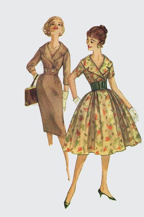 1950s WIGGLE Dress Simplicity 3068 Full Skirt w/ Fitted Bodice Wide Shawl Collar Vintage 50s ROCKABILLY Size 14 Bust 34 by sandritocat on Etsy Collar Dress Pattern, Shawl Collar Dress, 1950s Wiggle Dress, Plus Size Sewing Patterns, 50s Rockabilly, Simplicity Dress, Slim Skirt, Dress Making Patterns, Pattern Brands