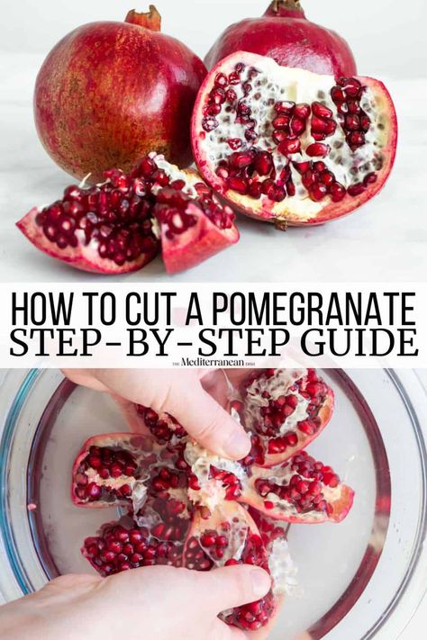 How to cut a pomegranate essential guide, with how to pick a pomegranate, how to juice pomegranate, and our favorite pomegranate recipes. Walnut Chicken, Pomegranate Recipes, The Mediterranean Dish, Healthy Low Calorie Meals, Food Info, Mediterranean Dishes, Chicken Thigh Recipes, Cooking Ideas, Fruit Recipes