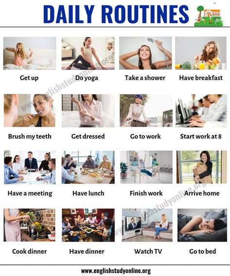 Daily Routine: How to Talk about Your Daily Activities in English - English Study Online Buddha Pics, Daily Routine In English, Cooking Verbs, Activities In English, Esl Beginners, Daily Routine Activities, Regular Verbs, Routine Chart, Esl Lessons