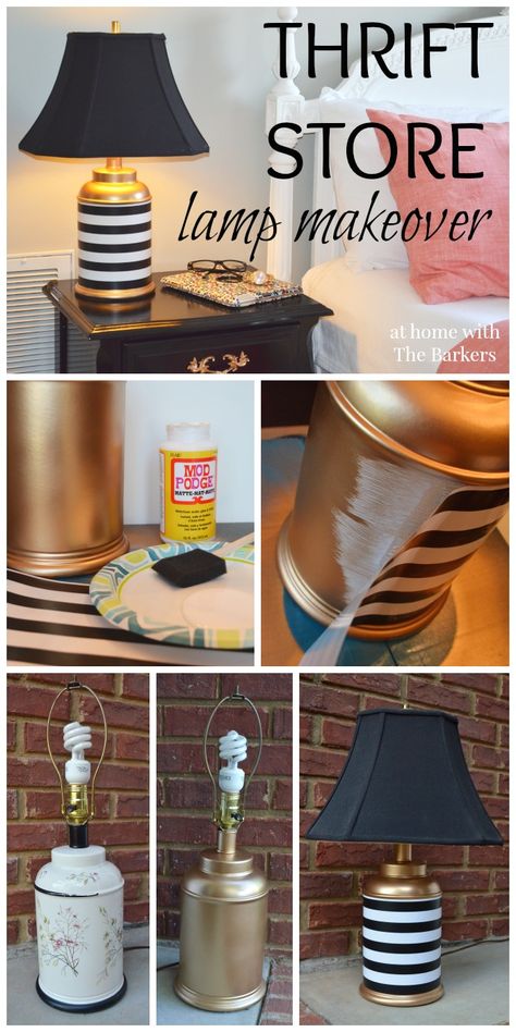 Thrift Store Lamp Makeover-Gold Spray Paint-Mod Podge Thrift Store Lamp Makeover, Luminaria Diy, Diy Mod Podge, Diy Luminaire, Thrift Store Diy, Mod Podge Crafts, Lamp Makeover, Lamp Ideas, Trendy Diy