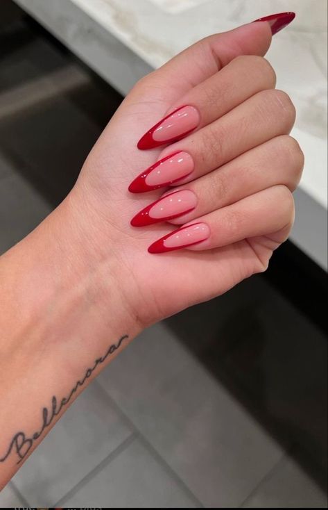 Long Almond Nails, Writing Fonts, French Tip Nail Designs, Red Acrylic Nails, Liner Brush, Classy Acrylic Nails, Red Nail Designs, Red Nail, Classy Nails