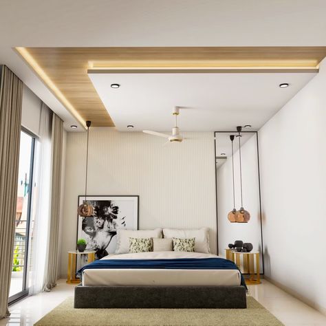 Wood And White Modern Multilayered Ceiling Design For Bedroom | Livspace Simple False Ceiling, Simple Ceiling Design, Bedroom Inspirations Minimalist, False Ceiling Bedroom, Guest Bedroom Design, Wood And White, Ceiling Design Modern, Kids Bedroom Designs, Bedroom False Ceiling Design