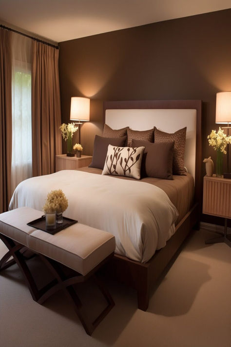 An inviting bedroom with a dark brown color scheme, plush bedding, and elegant furniture. Dark Brown Bedrooms, Styling Bedroom, Small Bedroom Bed, Brown Bedroom Decor, Brown Headboard, Dark Brown Furniture, Colors Bedroom, Bedroom Makeovers, Bedroom Styling