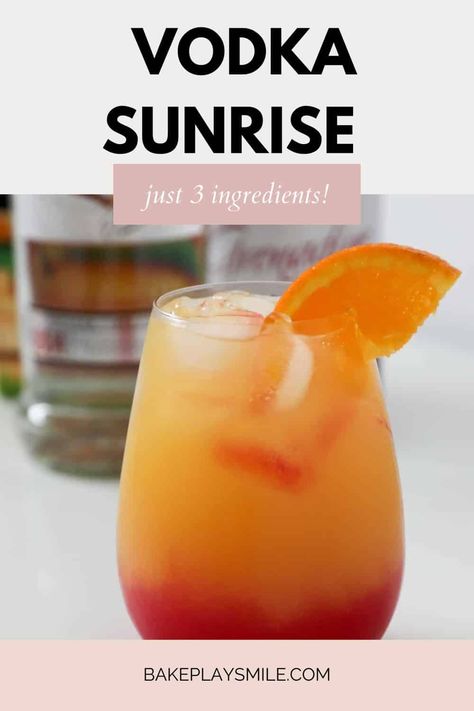 A delicious Vodka Sunrise cocktail made from vodka, orange juice and grenadine. This simple tropical cocktail takes just 2 minutes to prepare and requires NO equipment at all. #vodka #cocktail #grenadine #summercocktails #simplecocktails Cocktail Orange Juice, Grenadine Recipe Cocktails, Orange Vodka Cocktails, Orange Cocktail Recipes, Vodka Sunrise Recipe, Grenadine Recipe, Grenadine Cocktail, Ut Game, Fruity Drink Recipes