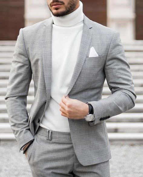 @streetstylelounge: “@FashionNovaMEN Knows Good Style 💥 Get Back To Basics With @FashionNovaMEN 🙌 #FashionNova…” White Turtleneck Outfit, Turtleneck Suit, Turtleneck Outfit Men, High Tops Outfit, Grey Check Suit, High Neck Shirts, Blazer Outfits Men, Mens Turtleneck, Turtleneck Outfit