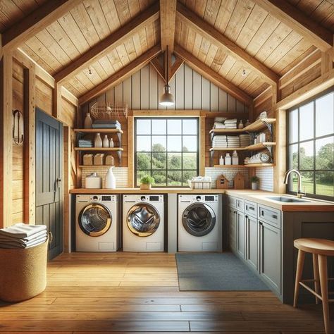 Transform your laundry routine with a spacious and efficient laundry room in your barndominium. Say goodbye to clutter and hello to convenience! #BarndominiumLiving #LaundryRoomGoals Barndominium Interior Living Room, Country Barndominium Ideas, Barndominium Interior With Loft, Barndominium Indoor Ideas, Barndominium Closet Ideas, Living Room Designs Barndominium, Barndominium Kids Room, Barndominium Farmhouse Interior, Barndominium Laundry Room