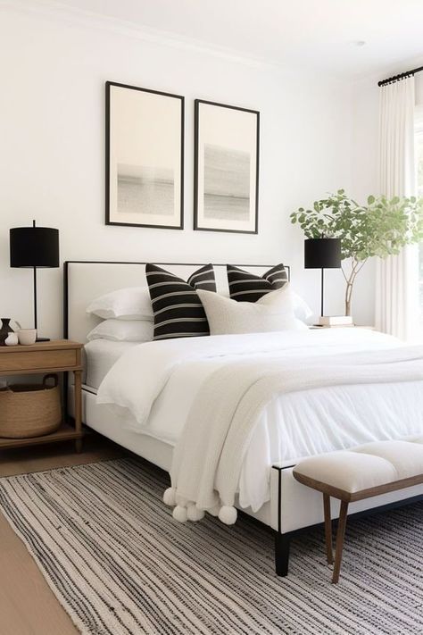 Black and White Interior Design Inspiration Accented with Warm Neutrals Small Main Bedroom Design, Neutral Bedroom With Black Accents, Modern Coastal House, Grey White Bedroom, Small Master Bedrooms, Modern Chic Bedroom, Nashville Airbnb, Grey Apartment, Black And White Interior Design