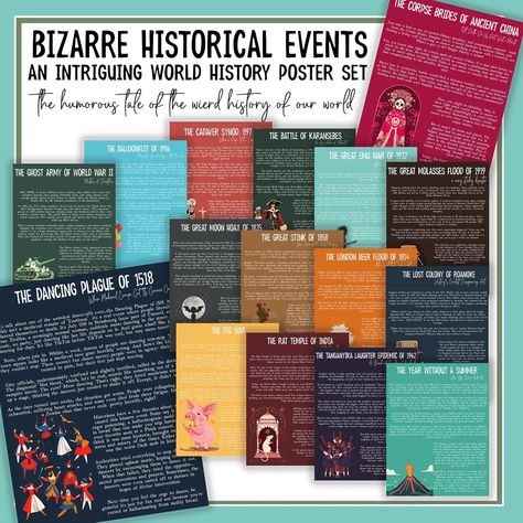 Engage Your Classroom with Humor and Insight: An engaging set of 16 World History Bizarre Events Mini Posters, designed specifically for middle school, high school and AP World History teachers. These posters are the perfect blend of humor and factual information, making complex historical topics both accessible and entertaining for students. Each poster highlights a major event or theme in American history, presented in a way that captures students’ attention and sparks their curiosity. World Cultures Classroom, Events Bulletin Board, Teacher Classroom Posters, High School History Classroom, Ap Us History, World History Classroom, Mini Posters, High School History, Learn History