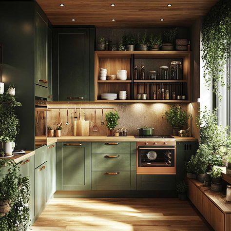 12 Stylish Green and Copper Small Kitchen Furniture Ideas for an Earthy Touch • 333+ Inspiring Lifestyle Ideas Kitchen Interior Green And Wood, Dark Green And Brass Kitchen, Small Masculine Kitchen, Warm Earthy Kitchen Ideas, Green Kitchen With Copper Accents, Olive Green And Black Kitchen, Kitchen Green And Wood, Dark Colour Kitchen, Small Earthy Kitchen