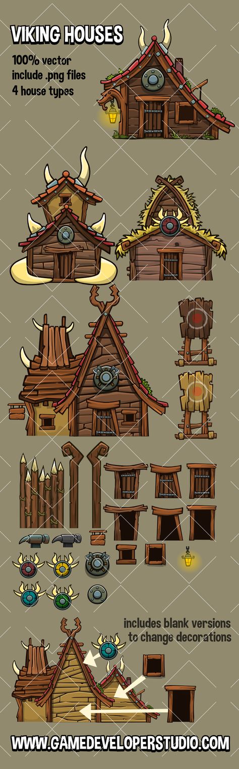 Viking house collection Viking Village Art, Viking House Concept Art, Orc Architecture, Viking Pixel Art, Viking Village Concept Art, Viking Props, Viking Cartoon, Viking Architecture, Viking Houses