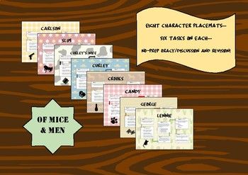 No-Prep Group WorkCharacter Revision PlacematsSteinbeck's Of Mice and Men Just print, pass and problem-solve! A set of desk placemats to encourage groups to discuss and share information about quotations, themes and context linked to individual characters from the novel.  #education #multipleintelligences #literacy #oracy #TurnandTalk #literature #differentiation #guidedpractice #steinbeck #ofmiceandmen Men Character, Turn And Talk, Mice And Men, Multiple Intelligences, Ronnie Radke, Sam Claflin, Kellin Quinn, Falling In Reverse, Of Mice And Men