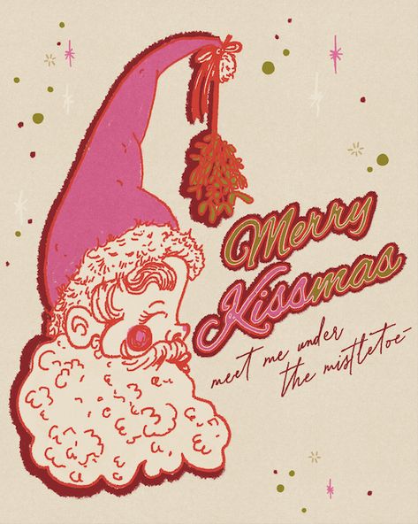 Merry Kissmas Art Print is a print of a my hand drawn, watercolor painting. It features a vintage inspired Santa Claus with mistletoe hanging on a pink Santa hat and the words "Merry Kissmas" and "meet me under the mistletoe."It is printed on a cold press, watercolor textured paper. Acid free, archival, and very sturdy Cool Christmas Aesthetic, Vintage Christmas Graphics, Christmas Illustration Vintage, Vintage Christmas Ads, Christmas Illustration Art, Mistletoe Illustration, Vintage Christmas Illustration, Pop Art Christmas, Vintage Christmas Prints