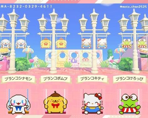 Custom Design Patterns Animal Crossing, Kawaii Custom Designs Animal Crossing, Fairycore Acnh Custom Designs, Kidcore Designs Acnh, Hello Kitty Island Acnh, Sanrio Animal Crossing Design, Sanrio Custom Designs Animal Crossing, Acnh Sanrio Path, Acnh Kirby Design Code