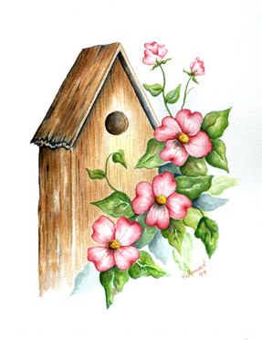 Birdhouse w/Dogwood, Susan Scheewe Cerámica Ideas, Watercolor Pictures, Watercolor Painting Techniques, China Painting, Tole Painting, Birdhouse, Painting Projects, Painting Crafts, 그림 그리기