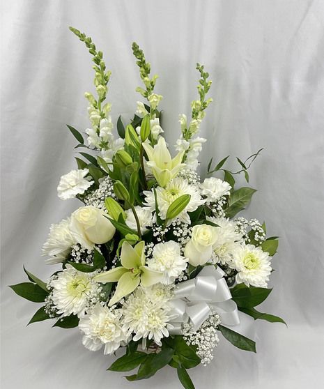 Altar Flower Arrangements, Chip Basket, Sincere Condolences, Bouquet Of White Roses, Seasonal Plants, Mixed Bouquet, White Floral Arrangements, White Flower Arrangements, Sympathy Arrangements