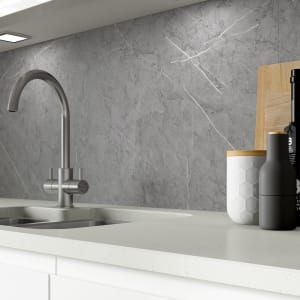 AluSplash Splashback Petrol Blue 3050 x 610mm - Gloss | Wickes.co.uk Modern Bookshelf Styling, White Marble Tile Backsplash, Grey Splashback, New Kitchen Cabinet Doors, Splashback Ideas, Grey Wood Tile, Gray Tile Backsplash, Kitchen Ranges, Wire Pendant Light