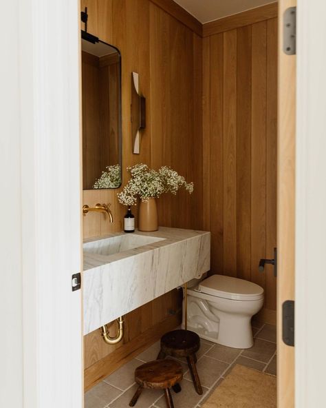 Wood Panel Powder Room, Amber Interiors Bathroom Tile, Reeded Wood Vanity, Primary Bathroom Wood Vanity, Amber Interiors Bathroom Vanity, Wood Panel Bathroom, Pottery Barn Bathroom, Bathroom Paneling, Woodland House