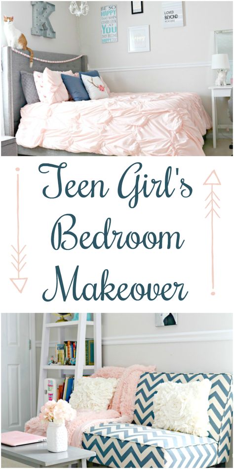 Teen Girl's Bedroom Makeover with Navy Blue, Grey and Blush Pink Touches Blue Teen Girl Bedroom, Bedroom Makeover Before And After, Blue Gray Bedroom, Girls Bedroom Makeover, Dressing Design, Pink Bedroom For Girls, Stylish Bedroom Design, Pink Bedroom Decor