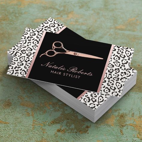 Hair Stylist Rose Gold Scissor Leopard Salon Business Card Unique Visiting Card, Hairdresser Business Cards, Salon Business Card, Hair Salon Business, Gold Scissors, Beauty Business Cards, Business Card Pattern, Stylist Business Cards, Hairstylist Business Cards