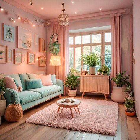 Pastel Orange Living Room, Boho Danish Pastel Aesthetic, Pink And Green Living Room Decor, Light Pink Living Room, Pastel Lounge, Peach Living Room, Pastel Apartment, Farrow And Ball Living Room, Pastel Living Room