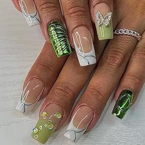 Manicure Natural, Butterfly Nail Designs, Gold Foil Design, Green Nail Designs, Nagel Tips, Manicure Tips, Nail Type, Coffin Press On Nails, Butterfly Nail