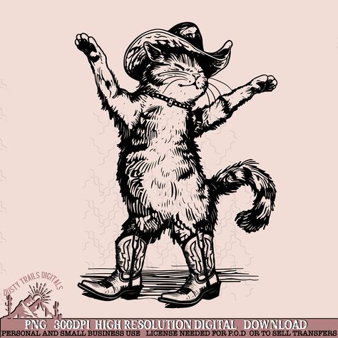 Cowboy Cat Drawing, Cat Cowboy, Sunset Western, Sunset Png, Cat Dancing, Boho Tattoos, Boho Desert, Western Sublimation, Lino Art