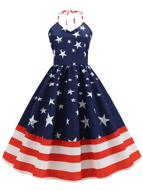 American Flag Dress Halter 1950s Dress, Navy / 2XL American Flag Dress, Vintage Print Dress, Flag Dress, Silver Cocktail Dress, Patriotic Dresses, Robes Vintage, Fashion Star, 4th Of July Outfits, Usa Dresses