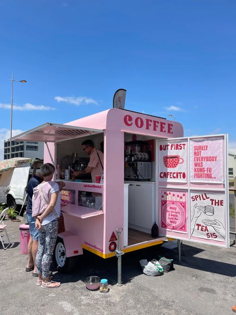 #coffeecart #fleamarket #pink Pink Coffee Truck, Coffe Trucks Idea, Acai Truck, Coffee Van Ideas Mobile Cafe, Coffee Truck Ideas Mobile Cafe, Coffee Shop Trailer, Pink Food Truck, Coffee Cart Design, Food Van Ideas