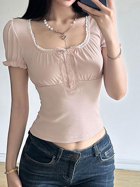 Style: Casual/Street/Vintage/Sweet/Y2K/Preppy 
 Fabric Content: Polyester 
 Fit Type: Slim Fit 
 Neckline: U Neck 
 Sleeve Length: Short Sleeve White Top Pink Ribbon, Preppy Fabric, 90s Y2k Fashion, Baggy Dresses, Crop Top Pink, Slim Fit Crop Top, 2000s Outfits, Y2k Preppy, Mini Dress Formal