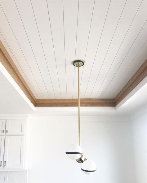 Tray Ceiling Shiplap, Shiplap Ceiling Bedroom, Shiplap Tray Ceiling, White Oak Trim, Ceiling Trim Ideas, Tray Ceiling Ideas, Shiplap Trim, Shiplap Ceiling, Ceiling Trim