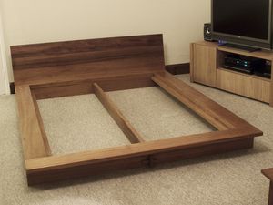 Iroko platform bed - Bespoke handmade bedroom furniture, Brighton, Sussex Handmade Bedroom Furniture, Japanese Platform Bed, Japanese Style Bed, Japanese Bed, Simple Bed Designs, Japanese Bedroom, Bespoke Beds, Wooden Bed Frame, Bed Platform