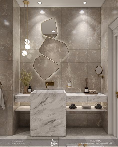 Elegant and luxury bathroom design using stand-alone marble sink and mirrors with stainless steel frame Luxury Bathroom Design, Elegant Bathroom Design, Bathroom Stand, Marble Sink, Marble Sinks, Bathroom Design Luxury, In Bathroom, Elegant Bathroom, Jewellery Store