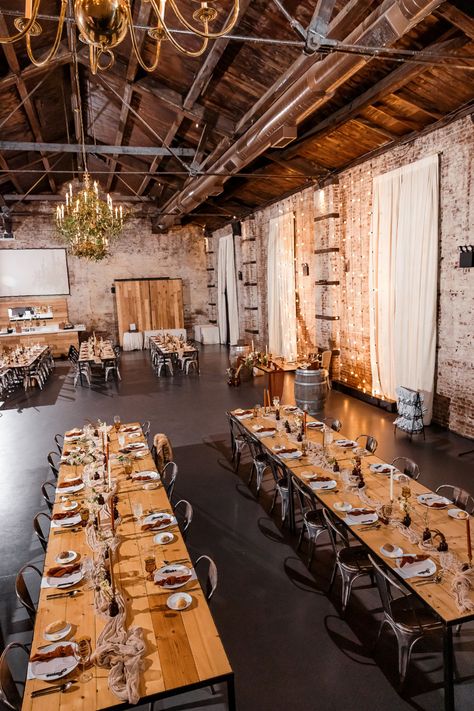 Rustic Event Space, Small Venue Space, Small Event Space Design, Industrial Rustic Wedding, Industrial Event Space, Industrial Wedding Reception, Broadway Party, Redecor Game, Event Venue Spaces