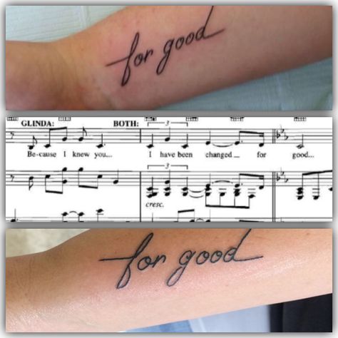 Matching 'for good' sister tattoos, as inspired by lyrics from Wicked the Musical. Matching Musical Tattoos, Musicals Tattoo Broadway, Matching Wicked Tattoos, Music Best Friend Tattoos, Wicked The Musical Tattoo, For Good Tattoo Wicked, Musical Theatre Tattoo Ideas, Wicked Tattoo Ideas, Tswift Tattoos